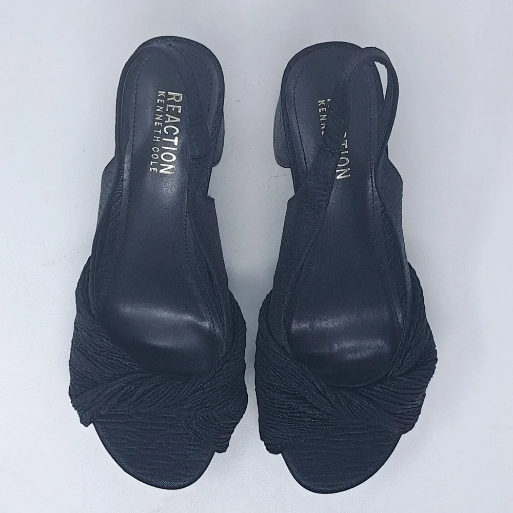 Reaction Kenneth Cole Rylee Twisted Fabric Platform Black Slingback Heels Size 8
